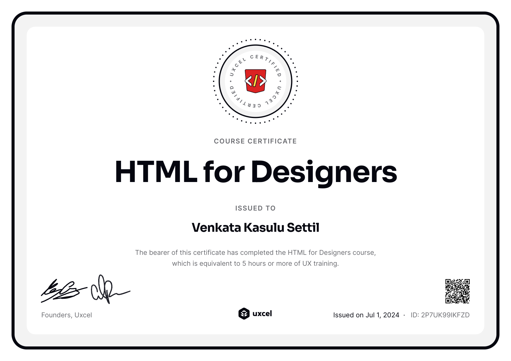 Venkata Kasulu - Sreedhar's certificate